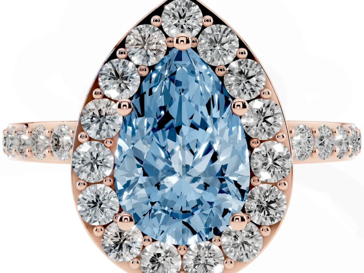 Fancy Blue Pear Cut Halo Diamond Pavé Band Ring with Prong Setting Rose gold