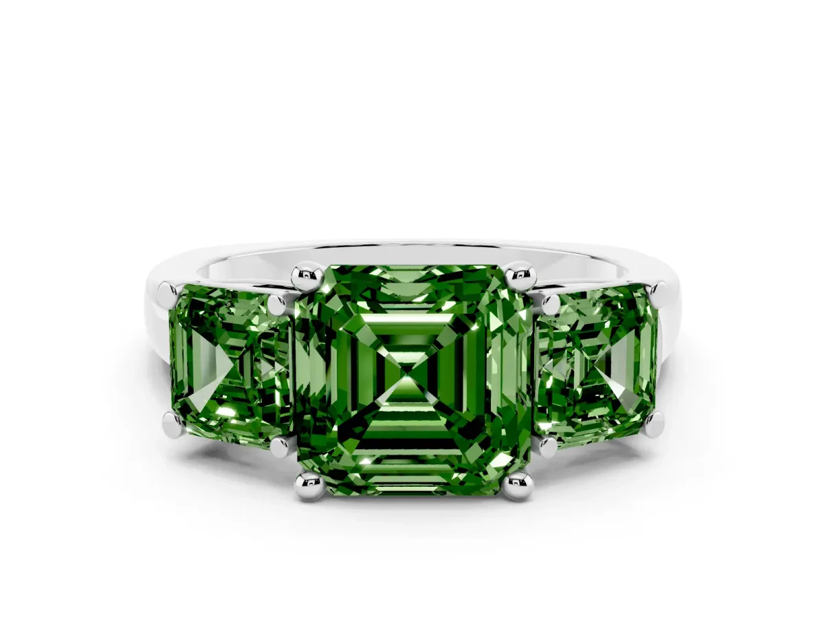 Fancy Green Three-Stone Asscher Cut Brilliant Diamond Trellis Ring with Comfort Fit Band Silver