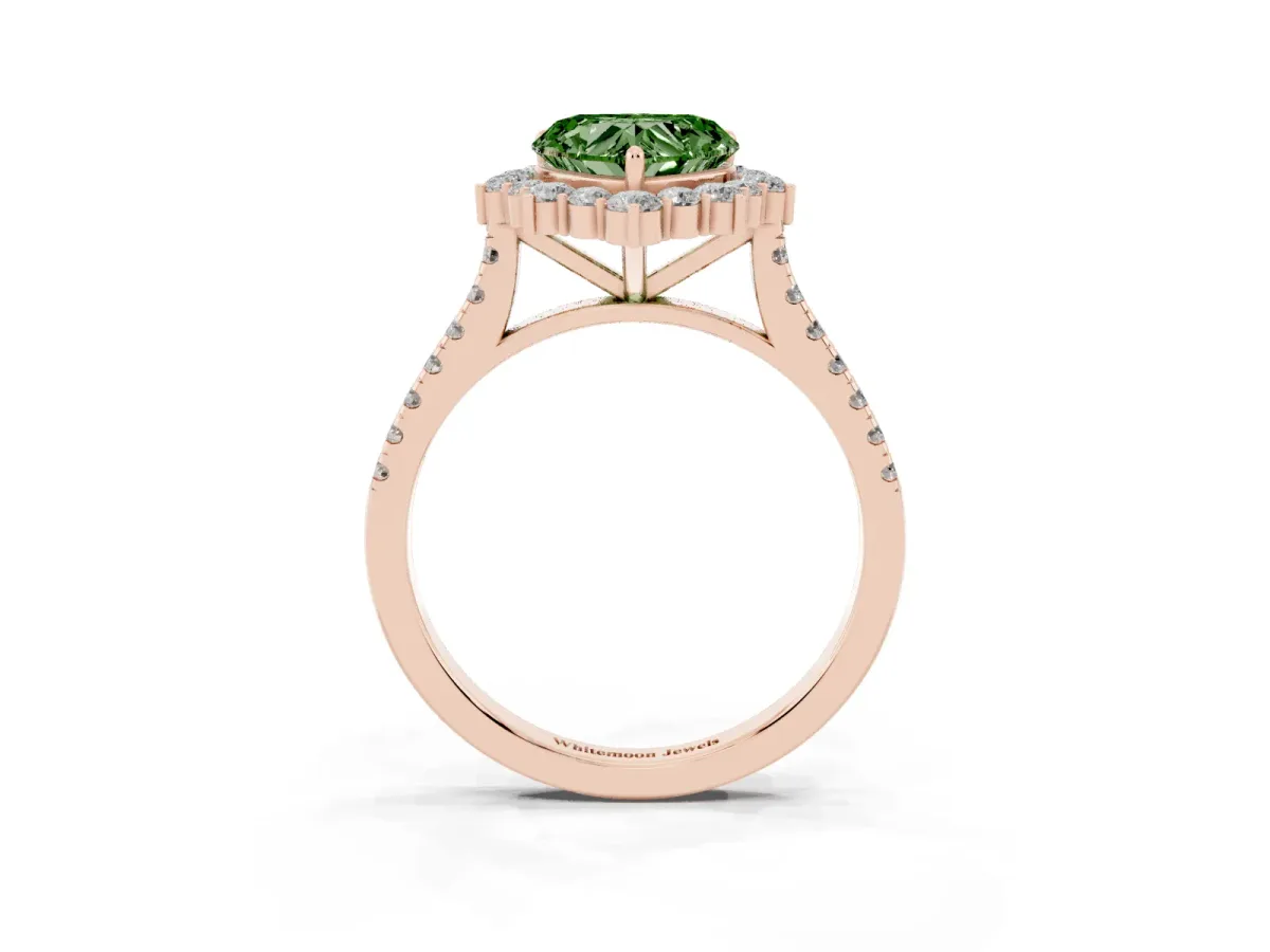 Fancy Green Heart Cut Halo Diamond Ring with Pavé Band and Prong Setting Rose gold