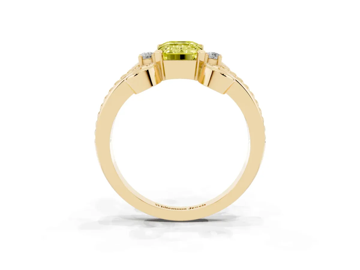 Fancy Yellow Emerald Cut Solitaire Twisted Band Scroll Prong Ring Yellow gold
