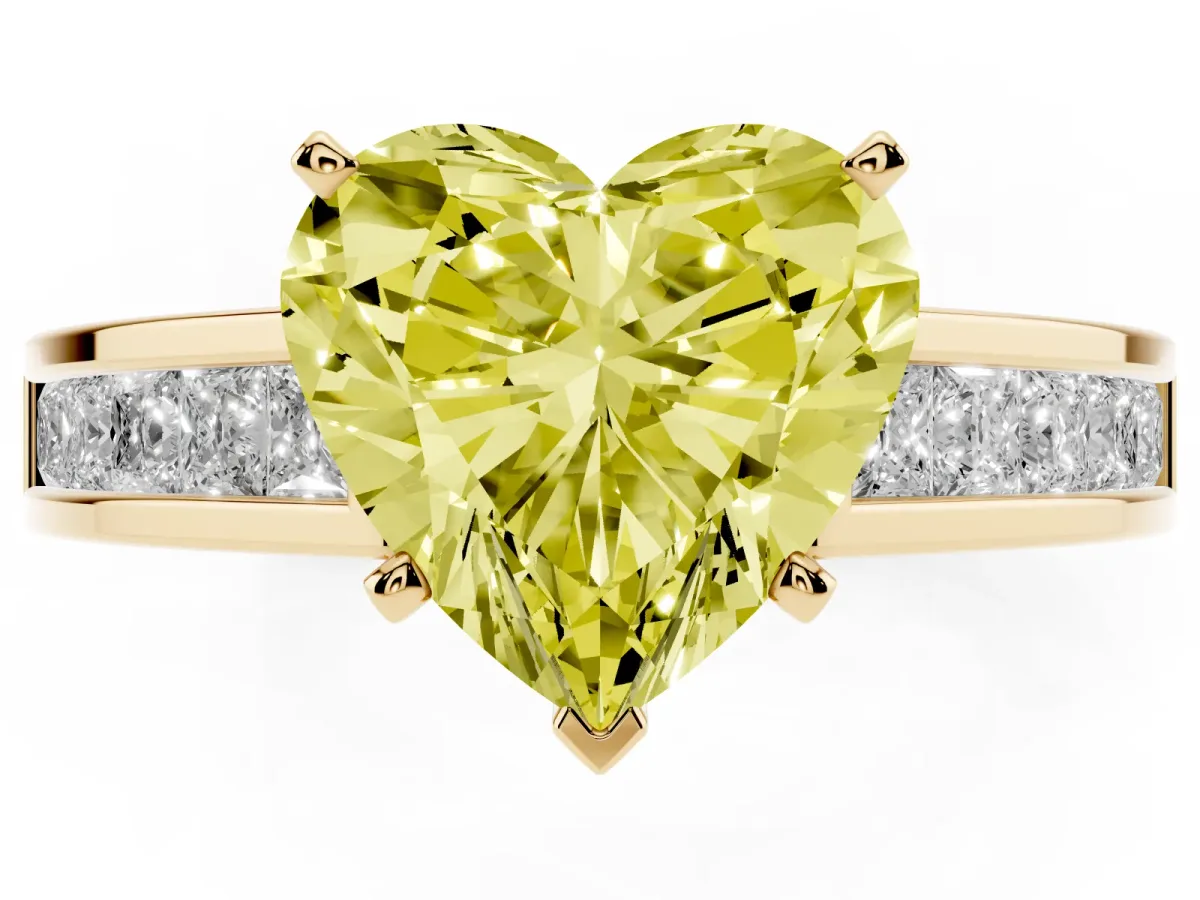 Fancy Yellow Heart Cut Solitaire Diamond Ring with Channel-Set Band and Four-Prong Setting Yellow gold