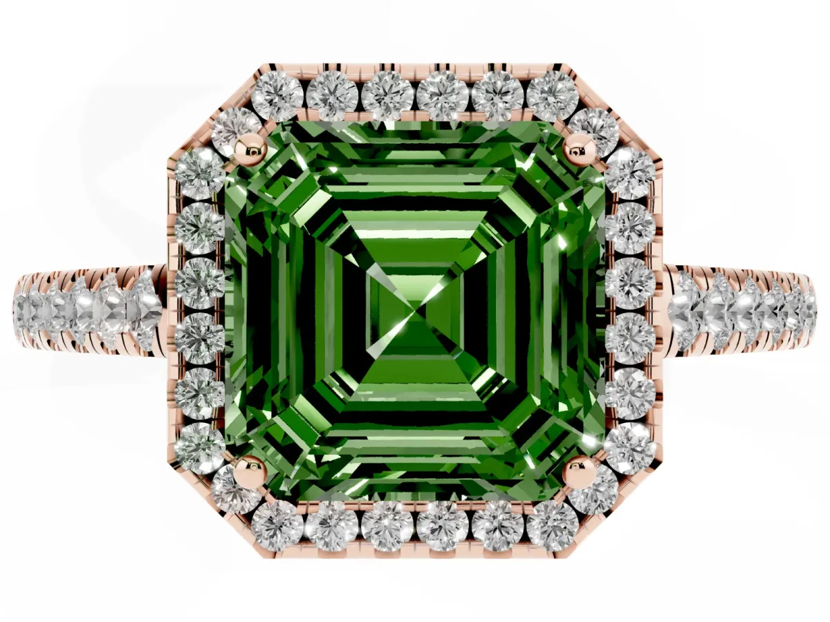 Fancy Green Asscher Cut Halo Pave Diamond Engagement Ring with Four-Prong Setting Rose gold
