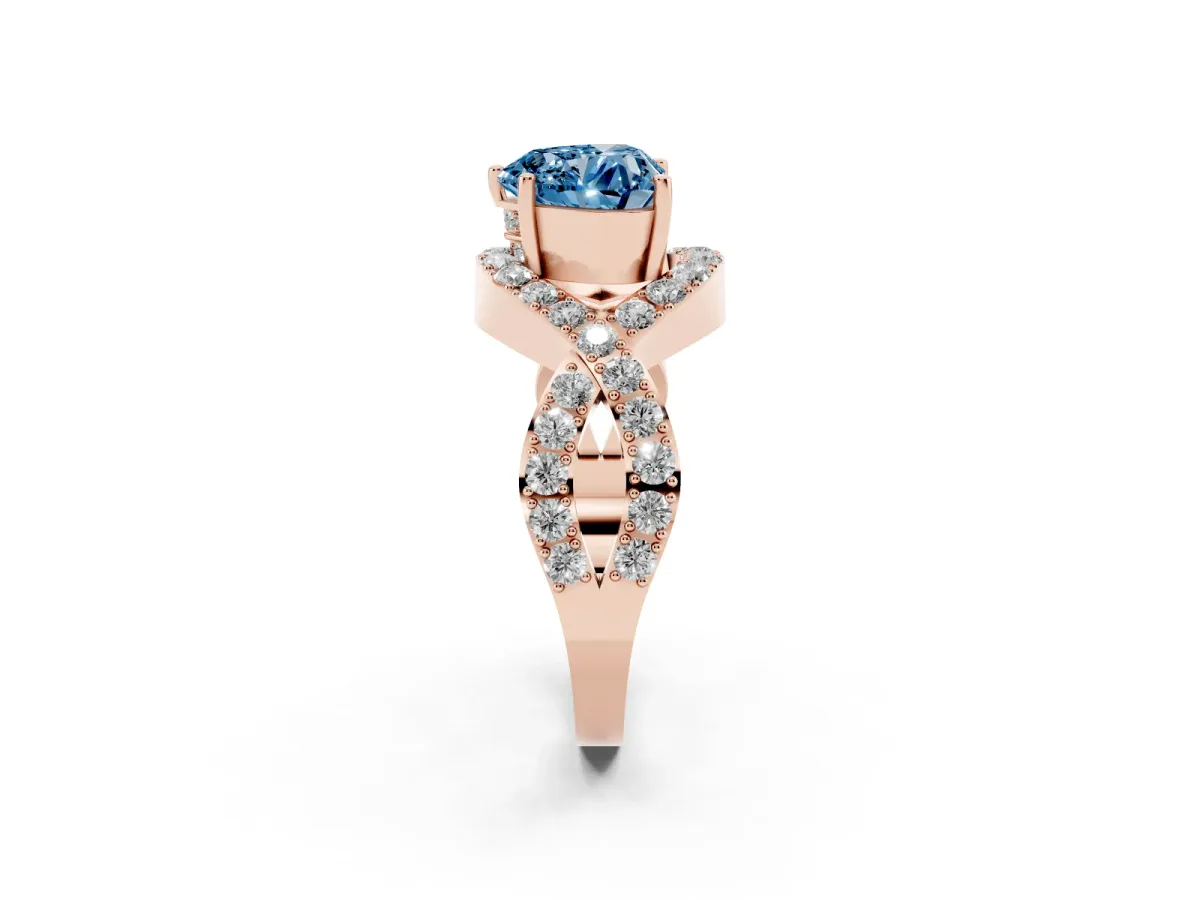 Fancy Blue Heart Cut Solitaire Twist Band Pavé Diamond Engagement Ring Rose gold