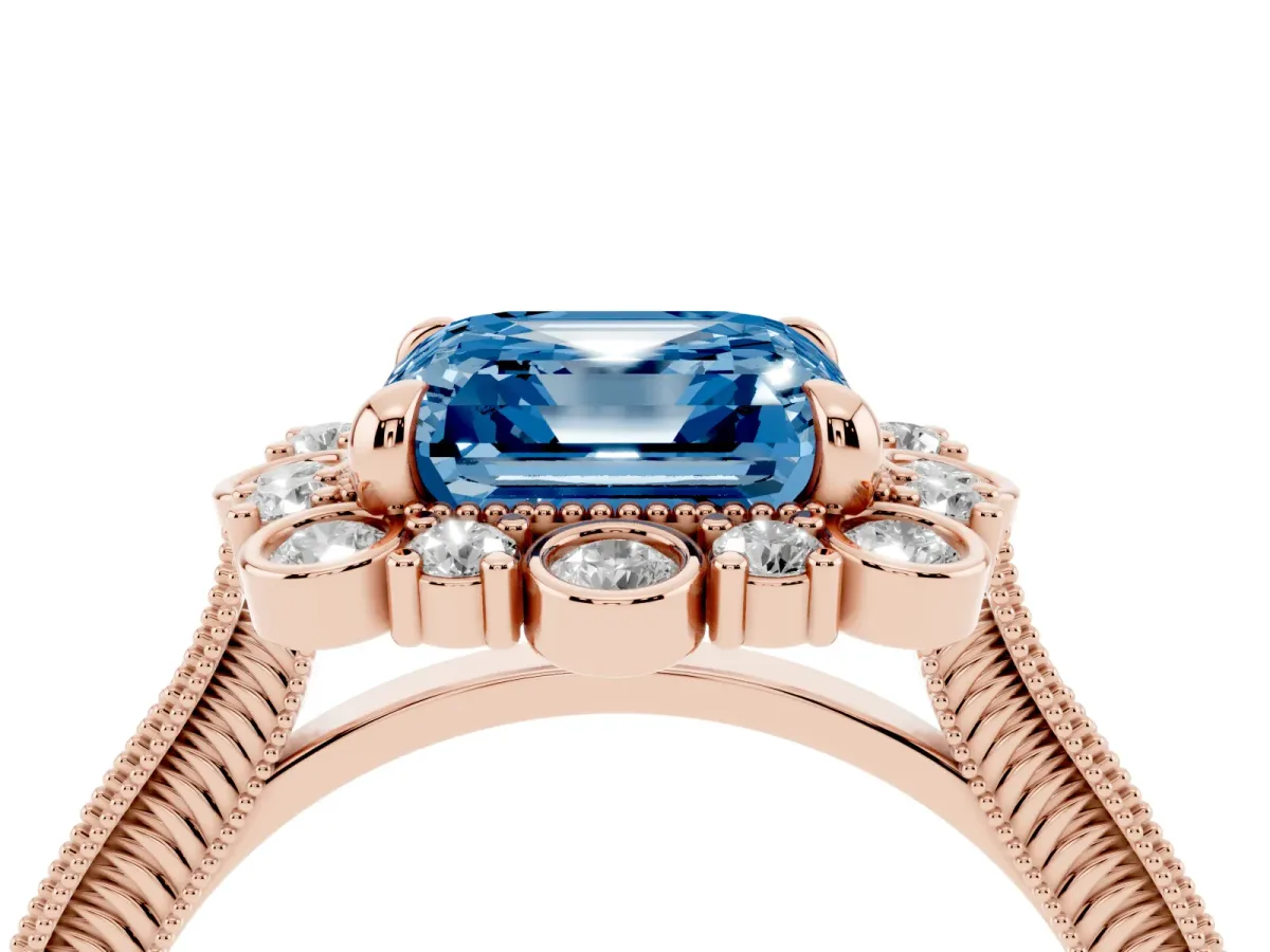 Fancy Blue Asscher Cut Halo Milgrain Pave Diamond Ring with Four-Prong Setting Rose gold