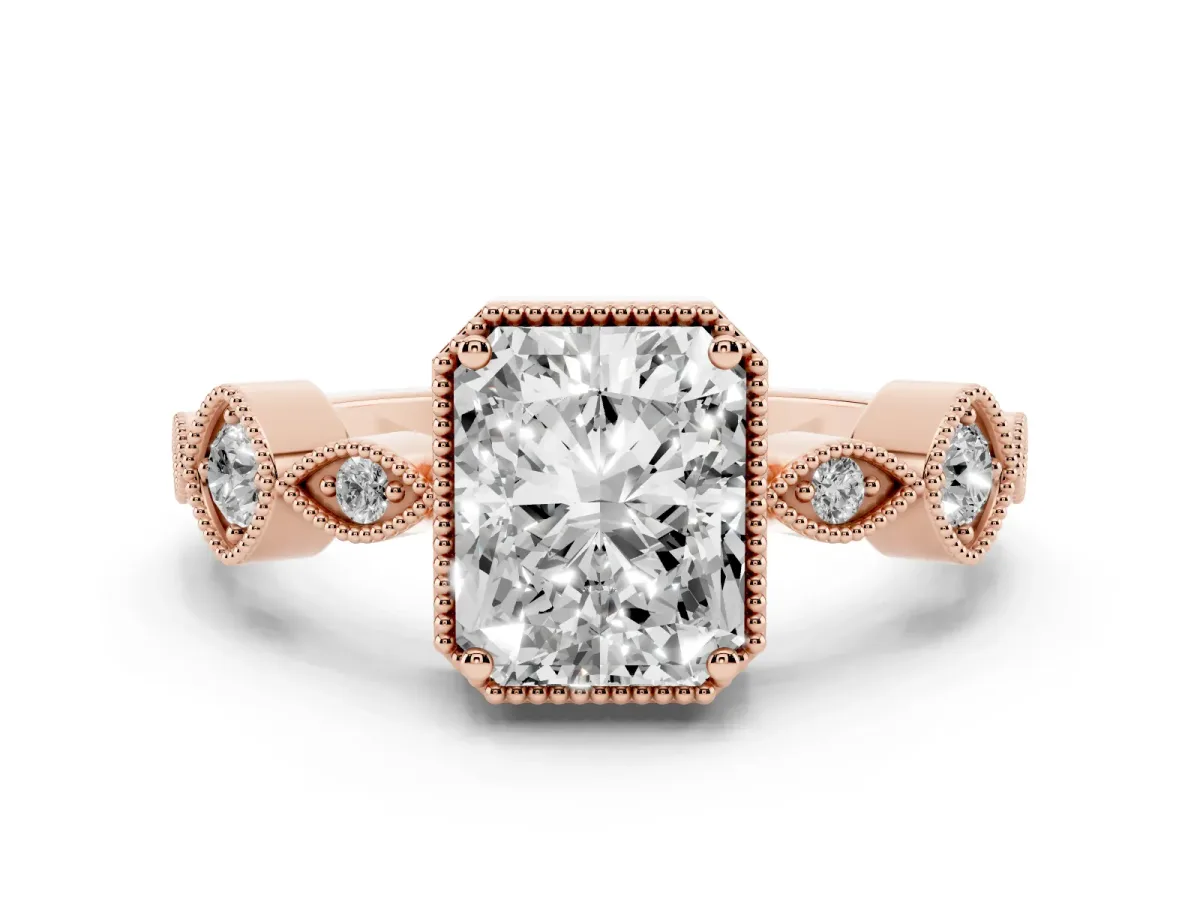 Radiant Cut Diamond Vintage Milgrain Ring with Round Stations Rose gold