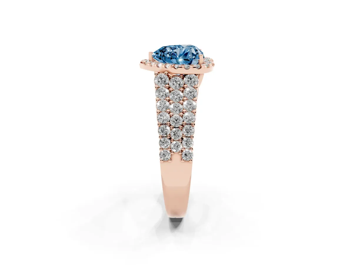 Fancy Blue Heart Cut Diamond Halo Engagement Ring with Triple Row Round Pavé Band and Prong Setting Rose gold
