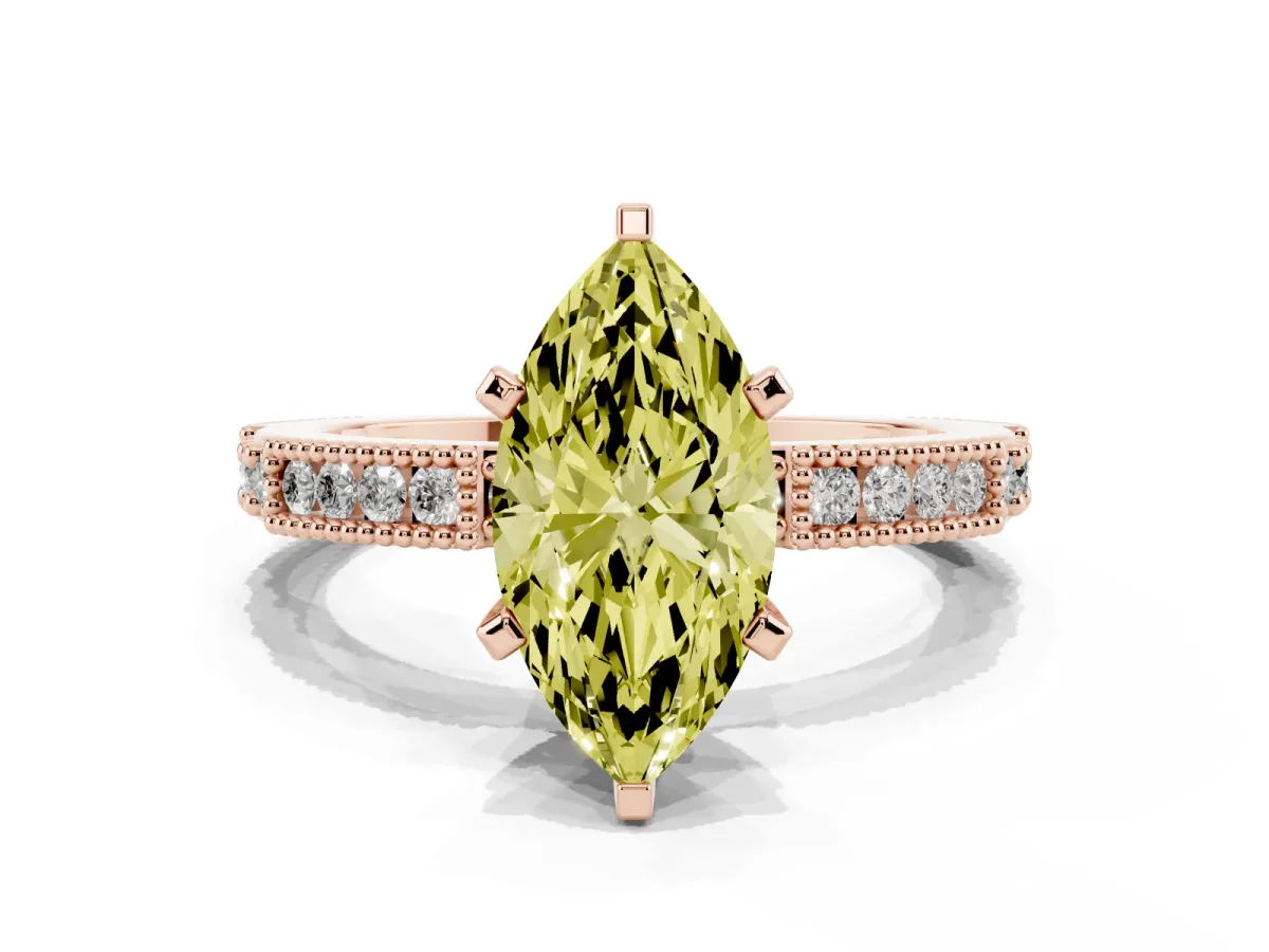 Fancy Yellow Marquise Cut Solitaire with Pavé Band and Four-Prong Setting Rose gold