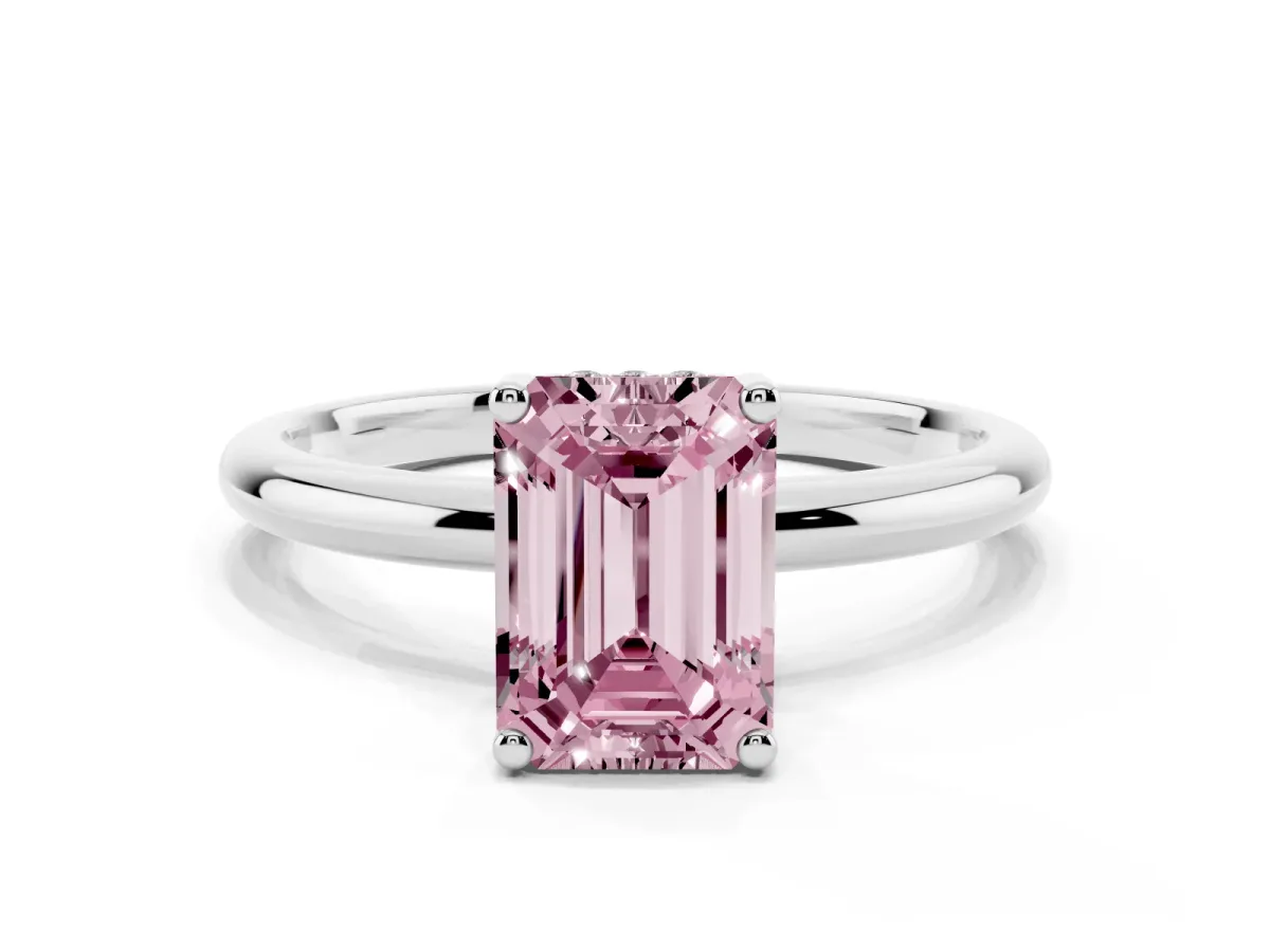 Fancy Pink Emerald Cut Cut Solitaire Engagement Ring with Four-Prong Setting and Classic Band Platinum