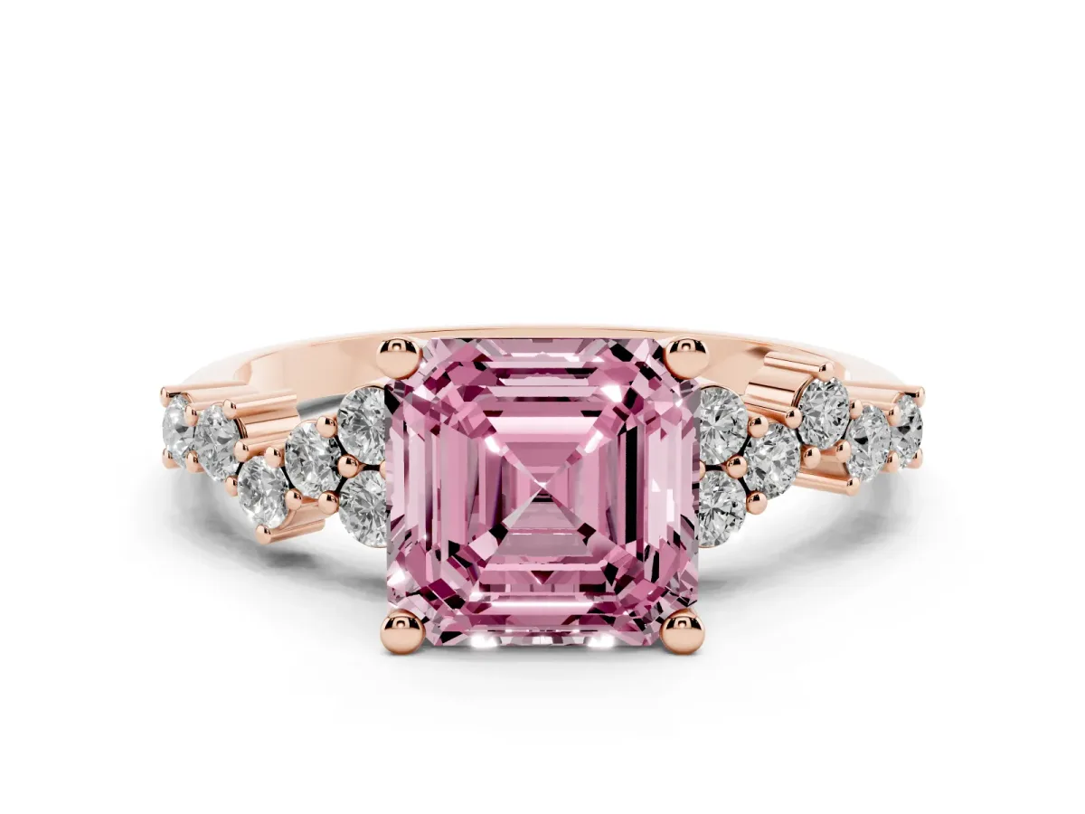 Fancy Pink Asscher Cut Diamond Scattered Round Accent Ring with Prong Setting Rose gold