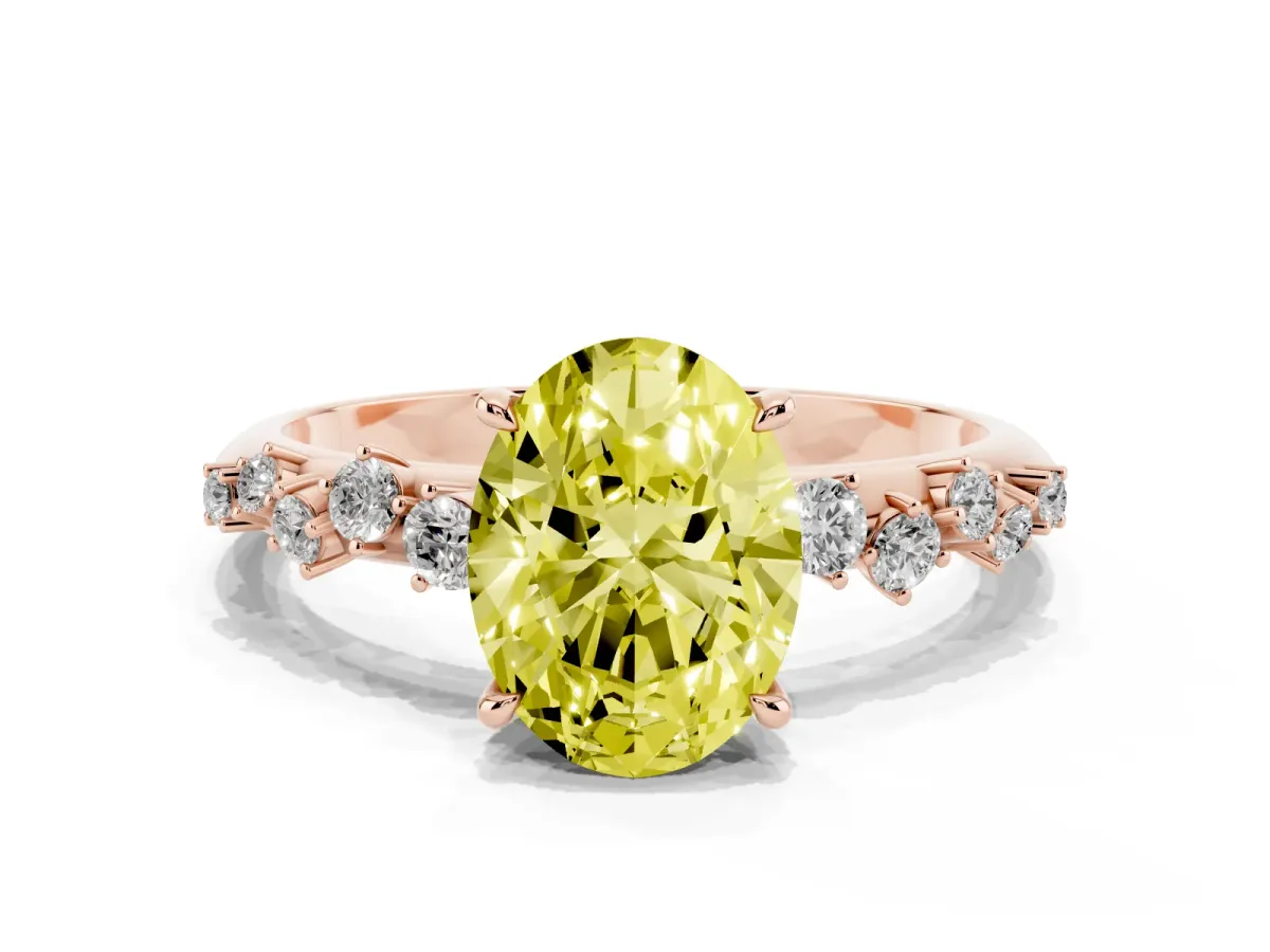 Fancy Yellow Oval Cut Diamond Cluster Side Stone Solitaire Ring with Prong Setting Rose gold