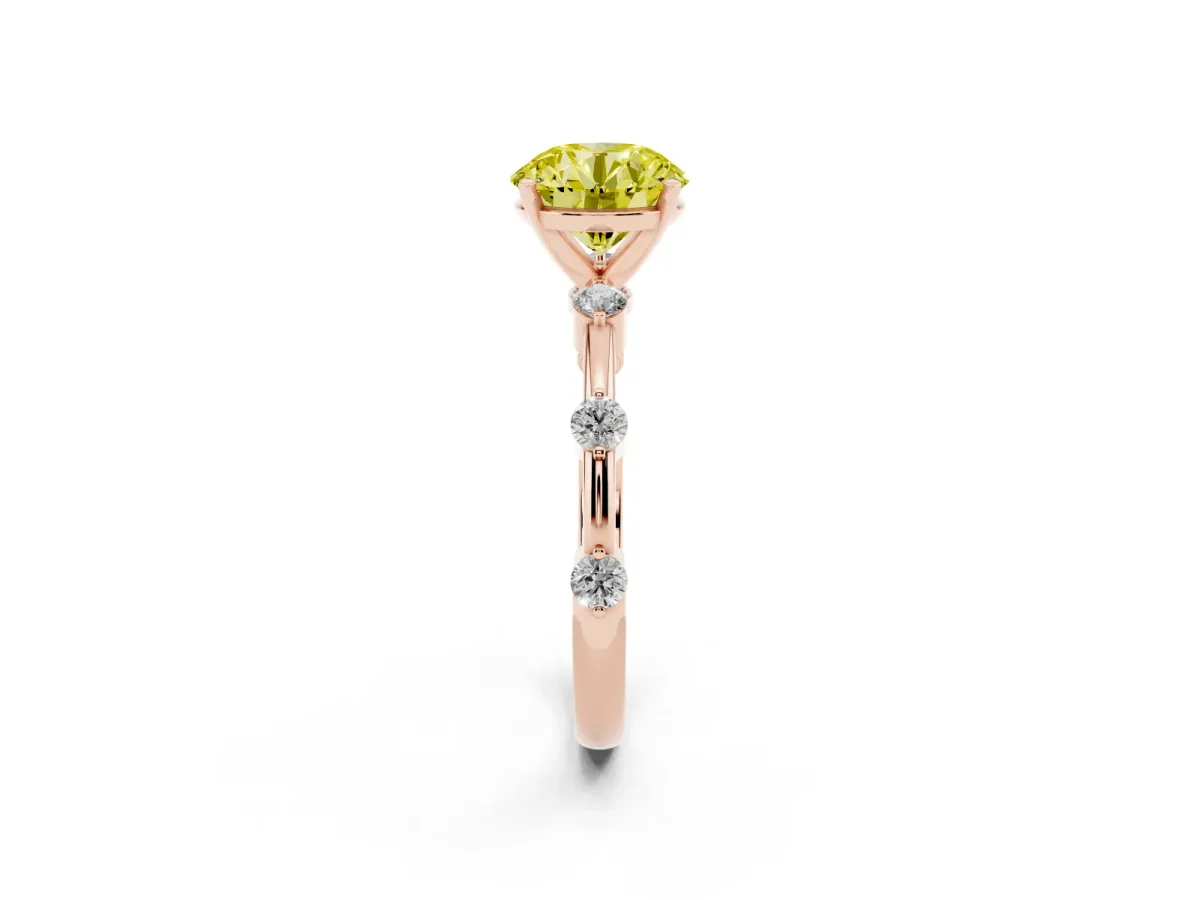 Fancy Yellow Round Cut Solitaire Diamond Ring with Bezel Set Side Stones and Prong Setting Rose gold