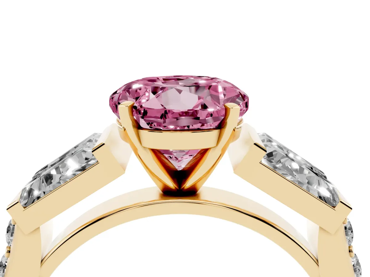Fancy Pink Round Cut Diamond Engagement Ring with Baguette Side Stones and Channel Set Band Yellow gold