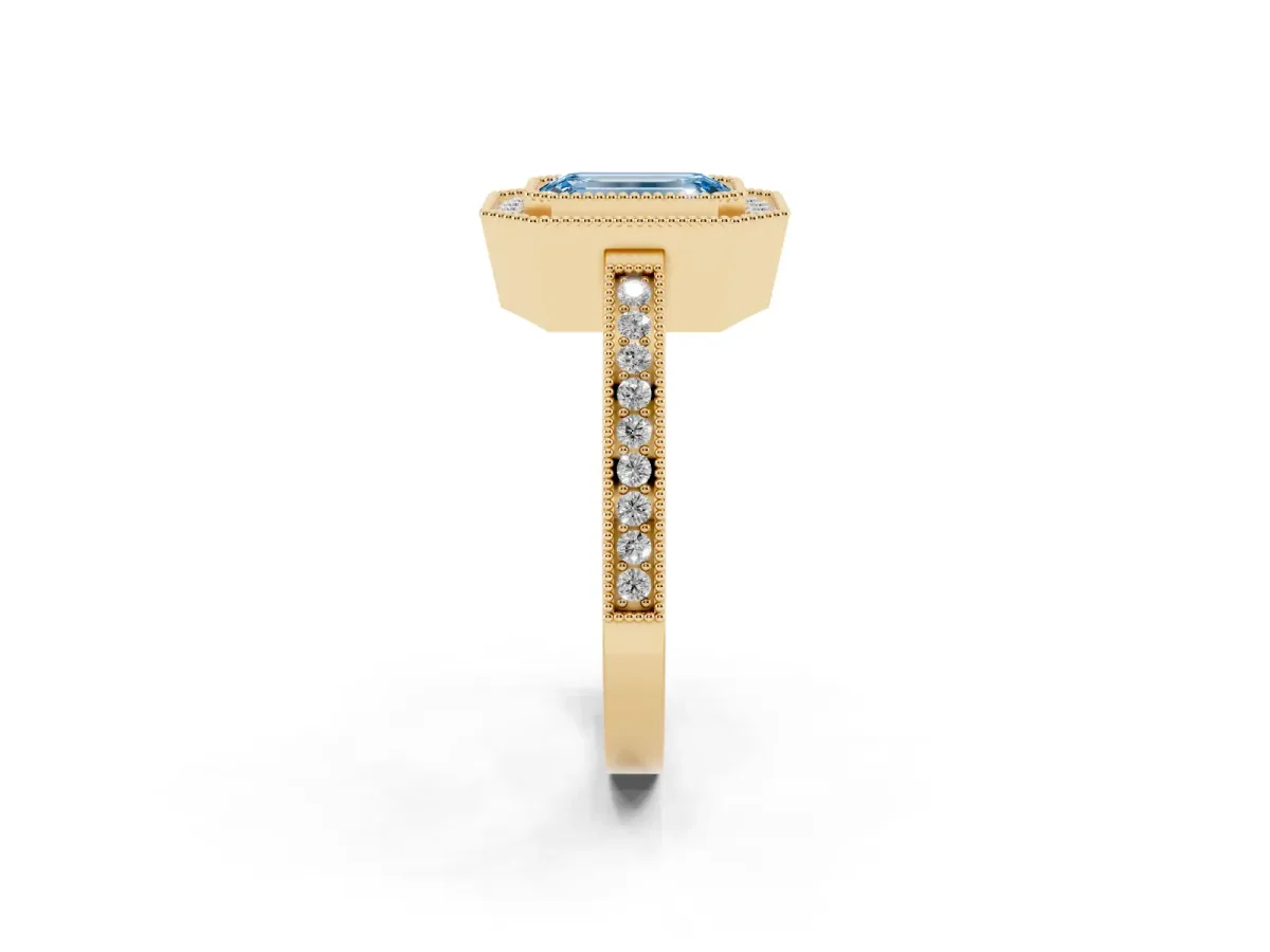 Fancy Blue Emerald Cut Cut Halo Diamond Ring with Pavé Band and Milgrain Prong Setting Yellow gold