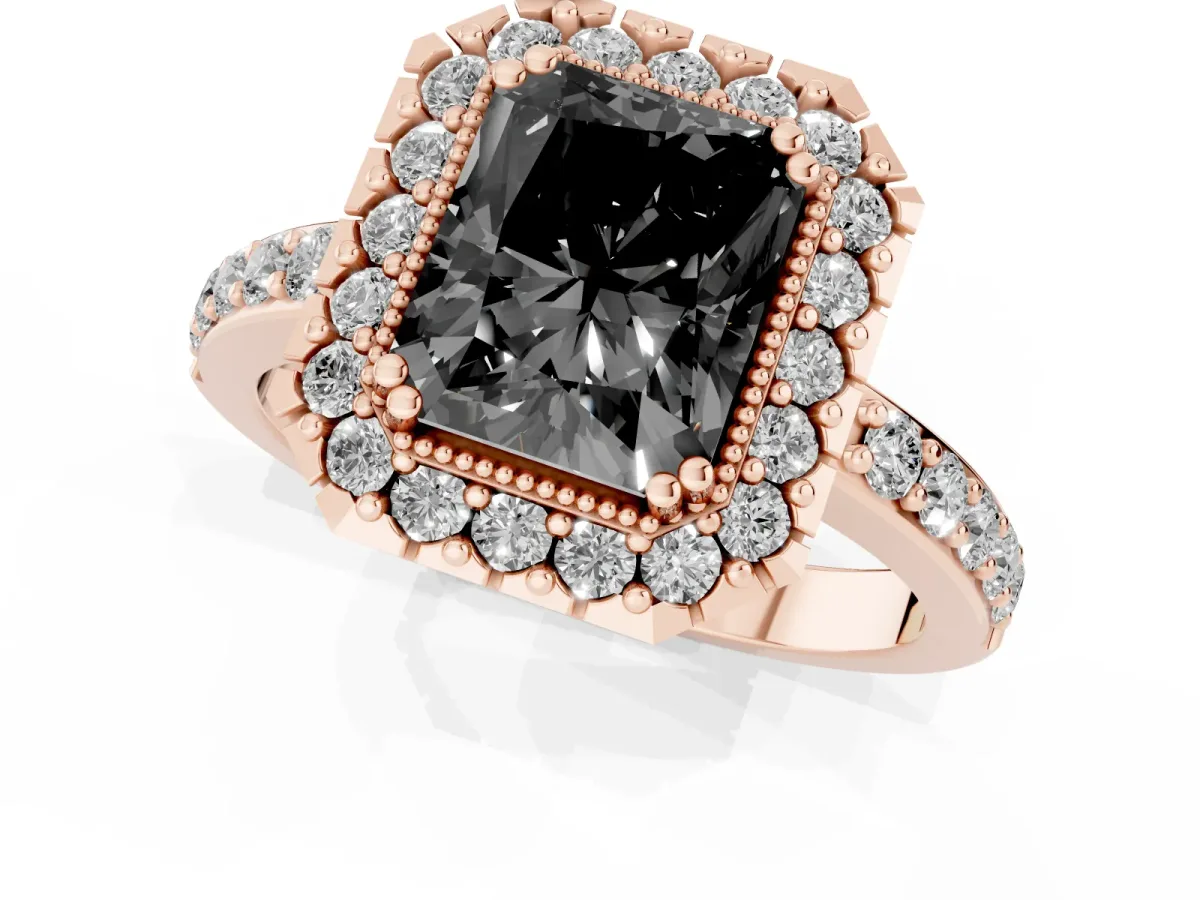 Fancy Black Radiant Cut Diamond Halo Ring with Pavé Band and Prong Setting Rose gold