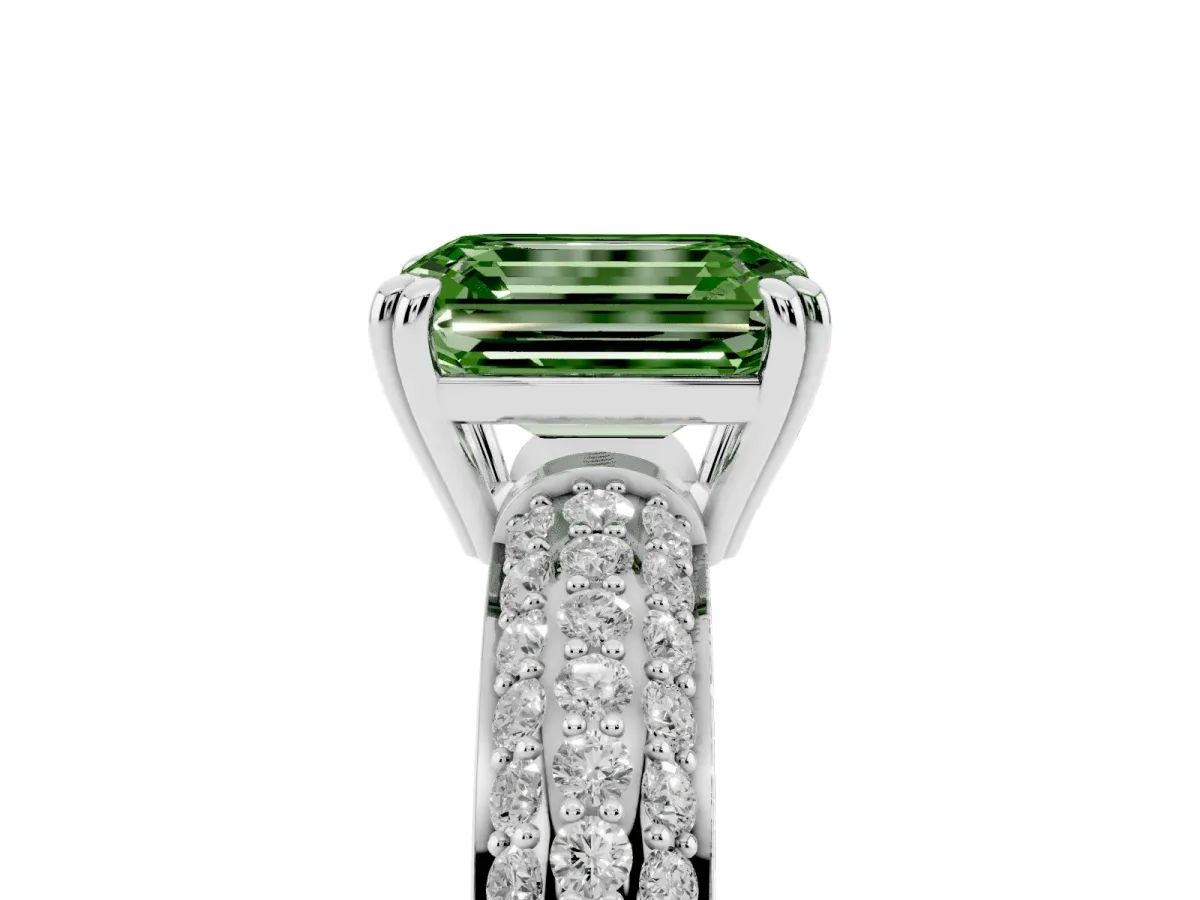 Fancy Green Emerald Cut Diamond Solitaire Ring with Multi-Row Round Pavé Band and Prong Setting Silver