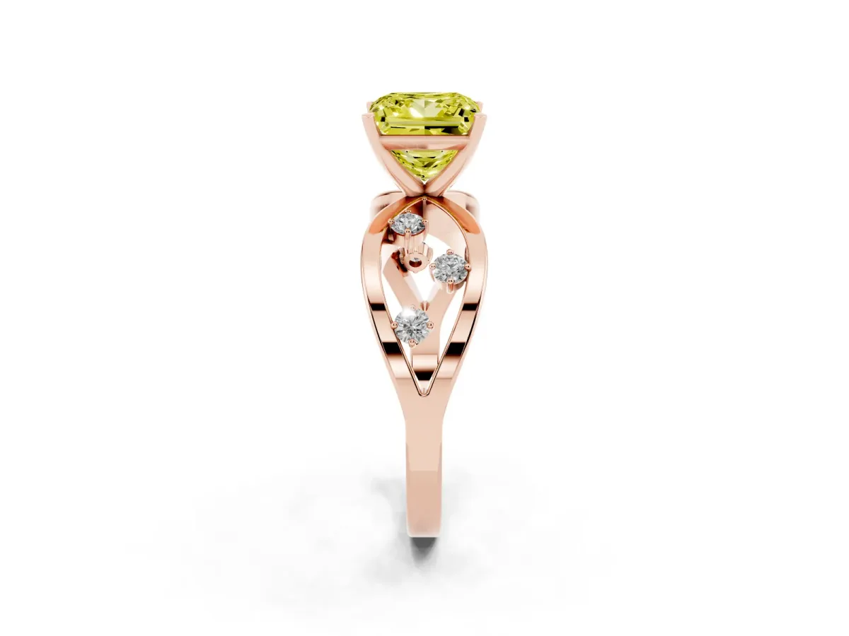 Fancy Yellow Princess Cut Cut Solitaire Diamond with Side Stones on Criss-Cross Band and Four-Prong Setting Rose gold
