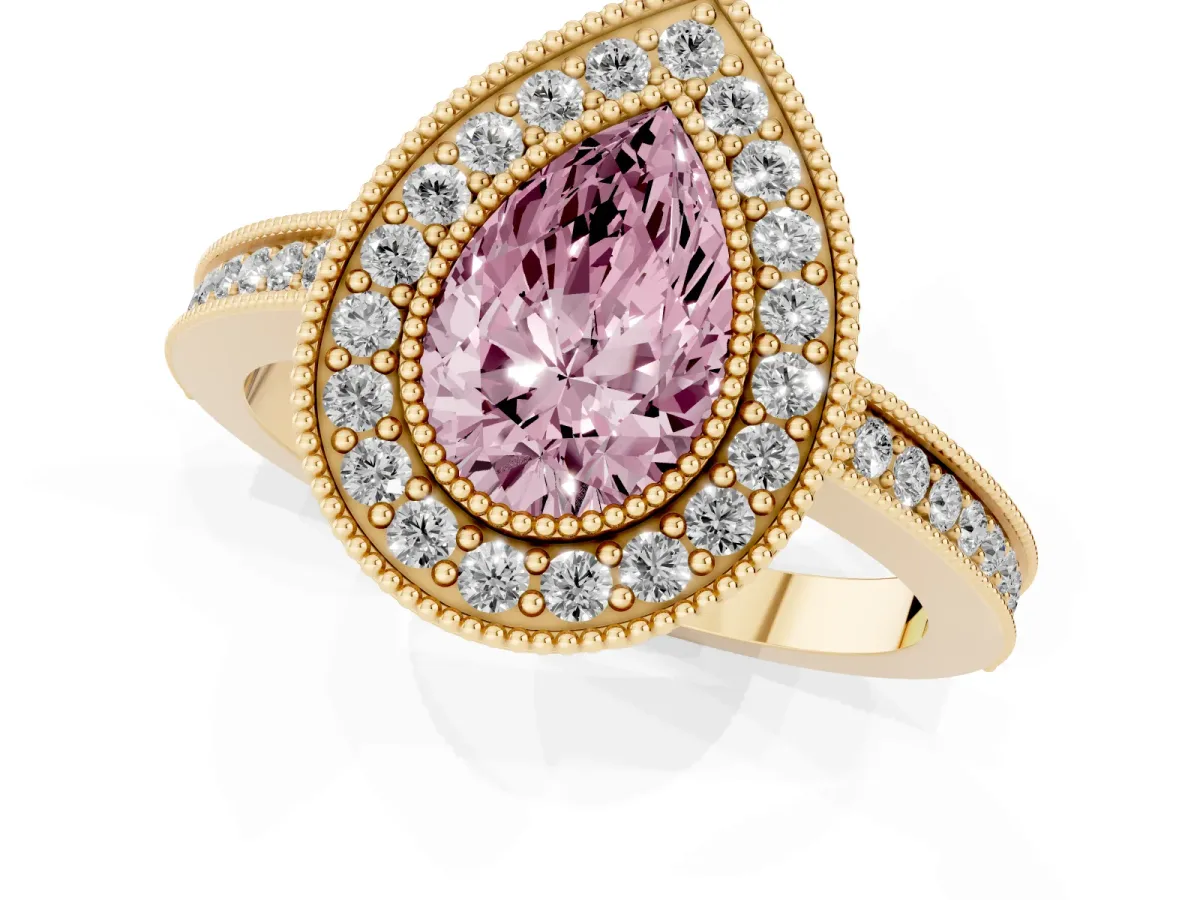 Fancy Pink Pear Cut Cut Halo Diamond Ring with Pavé Band and Milgrain Prong Setting Yellow gold