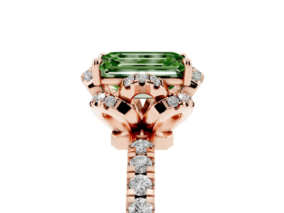 Fancy Green Emerald Cut Halo Diamond Pave Band Ring with Four-Prong Setting Rose gold