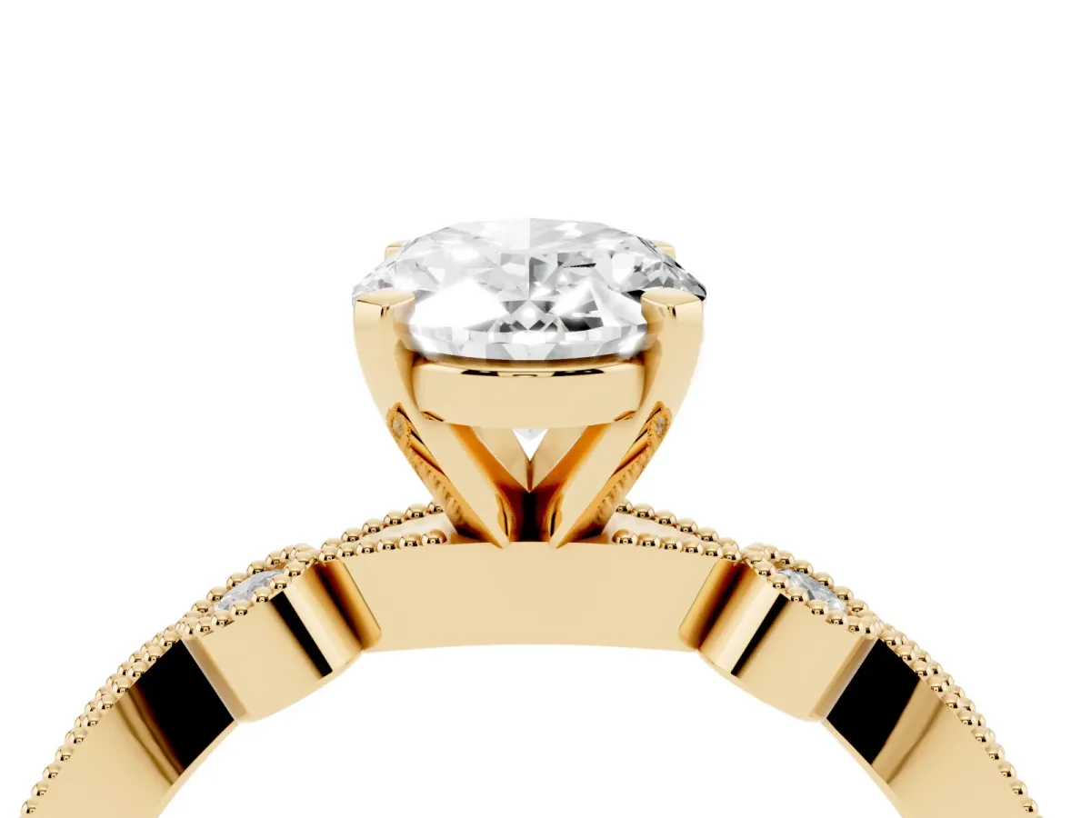 Oval Cut Milgrain Bezel Diamond Engagement Ring with Solitaire Prong Setting Yellow gold