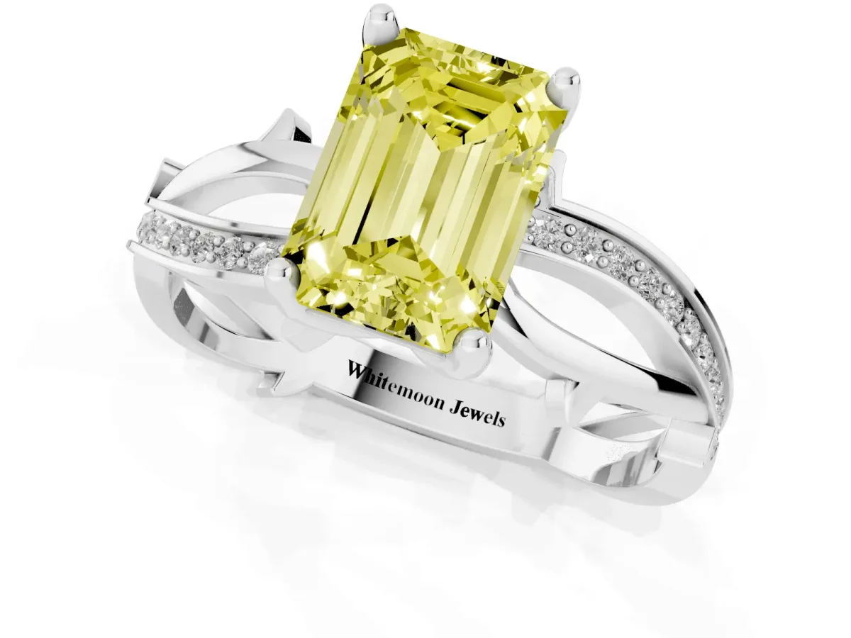 Fancy Yellow Emerald Cut Solitaire Twist Band with Pavé Accents and Four-Prong Setting Platinum