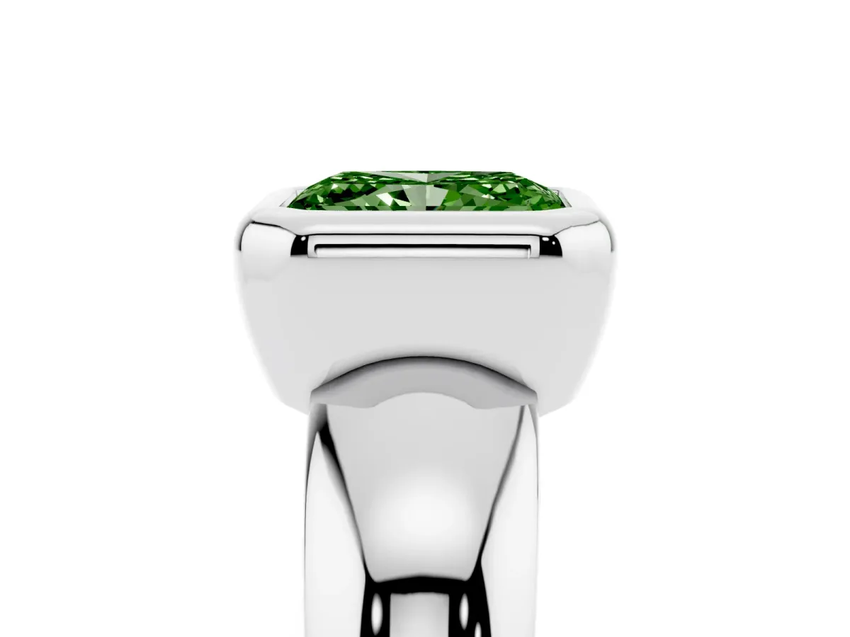 Fancy Green Bezel Set Radiant Cut Solitaire Ring with Wide Band Silver