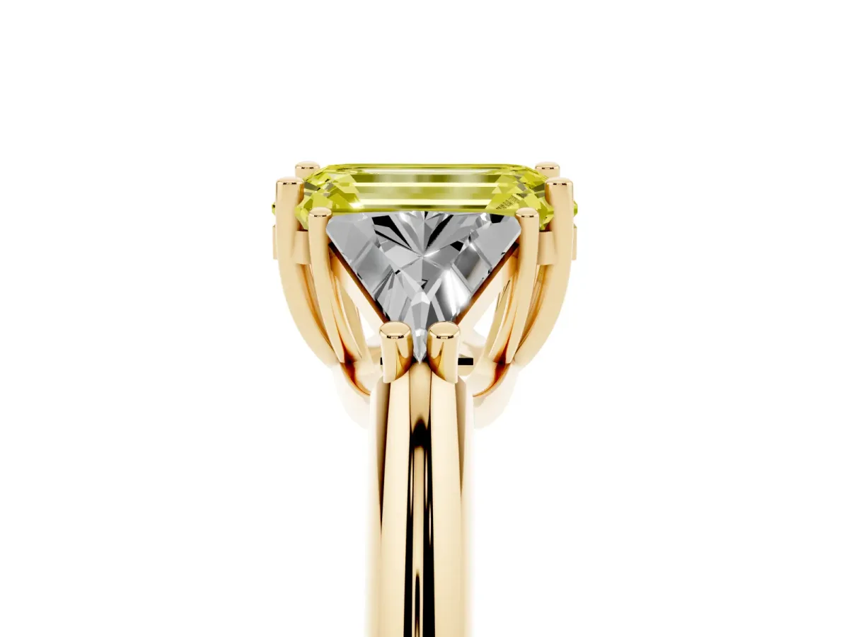 Fancy Yellow Three-Stone Emerald Cut Diamond Engagement Ring with Trillion Side Stones and Prong Setting Yellow gold