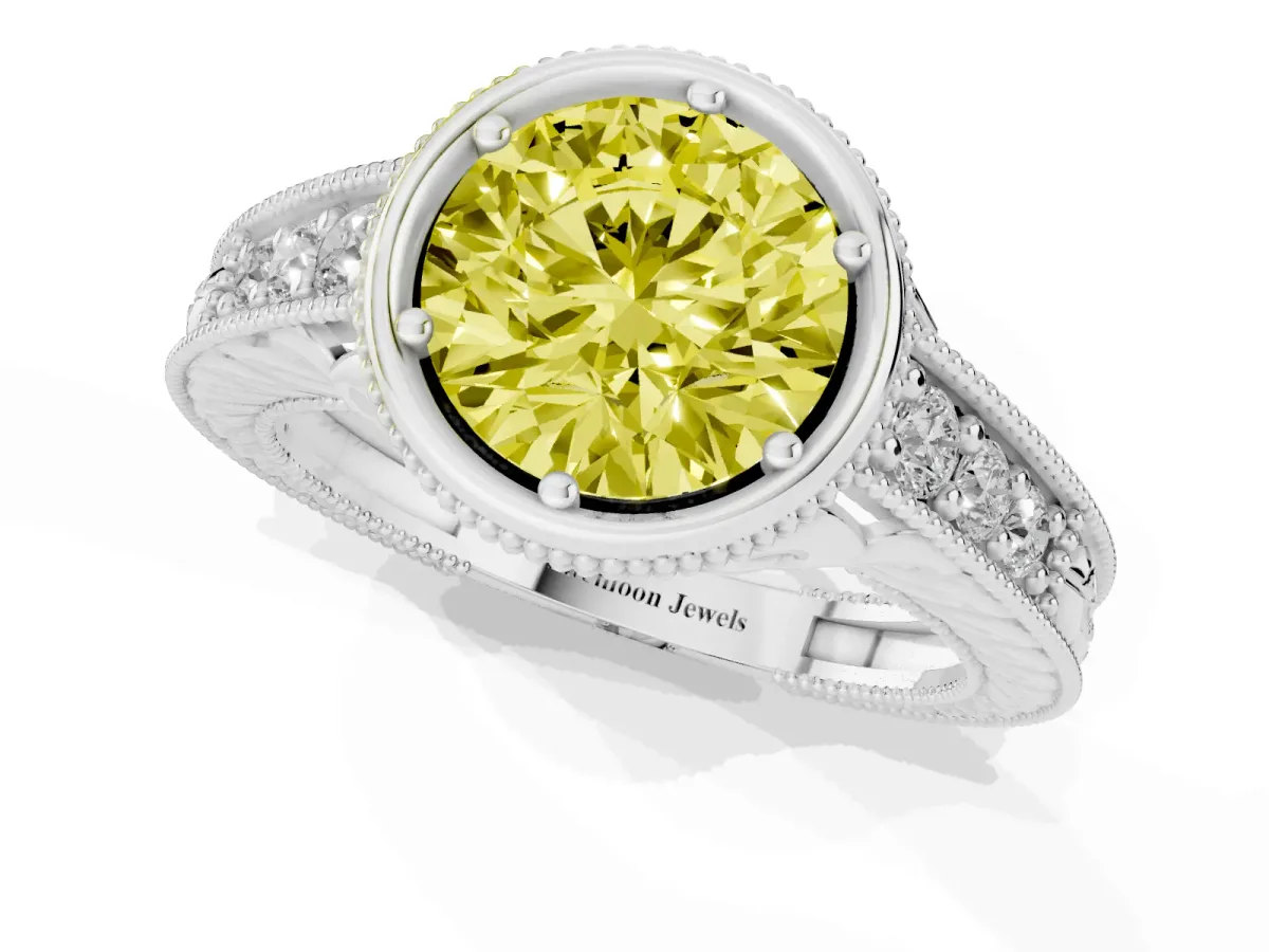Fancy Yellow Bezel Set Round Cut Diamond Milgrain Pave Engagement Ring Silver