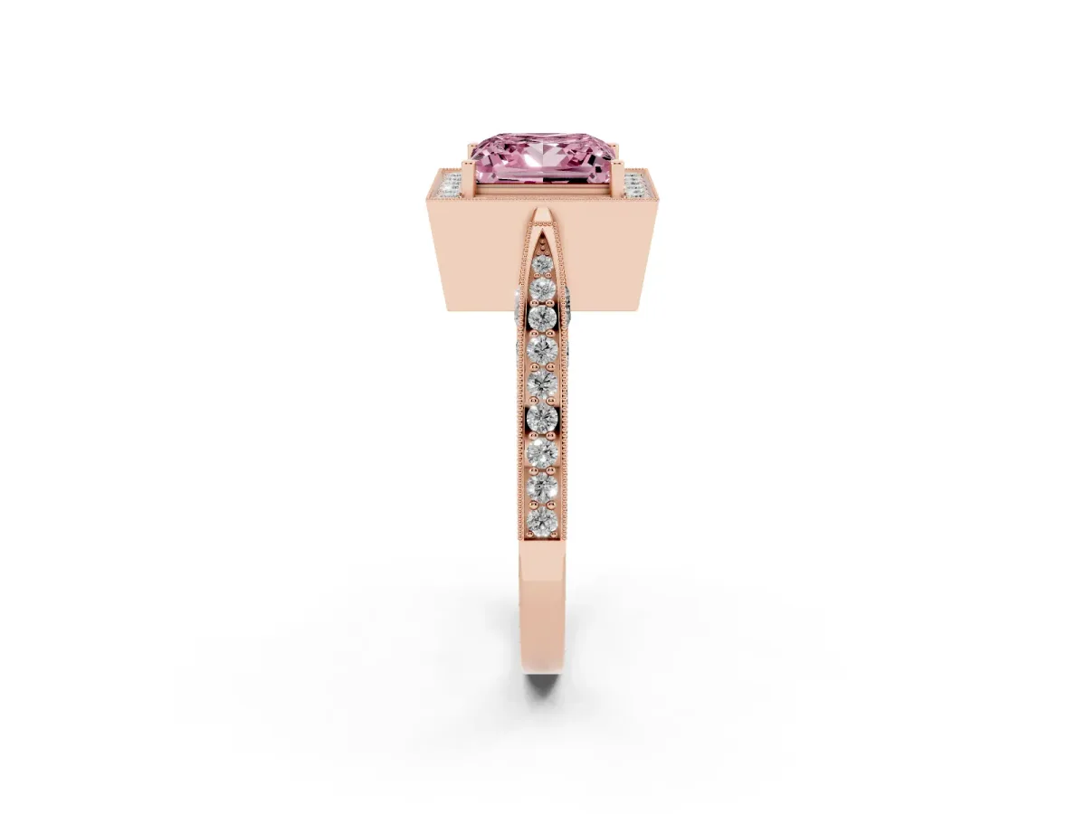 Fancy Pink Princess Cut Halo Diamond Engagement Ring with Split Shank Band and Four-Prong Setting Rose gold