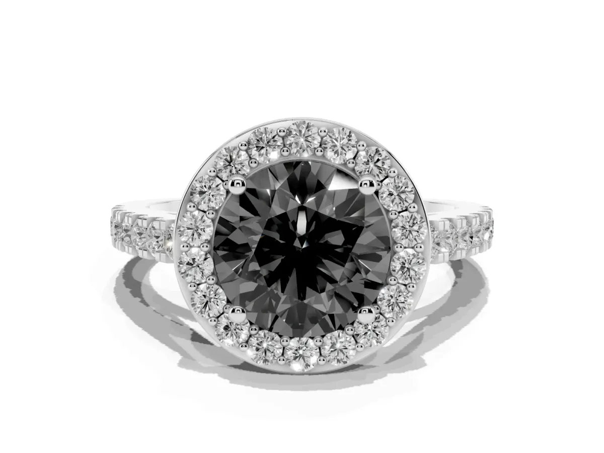 Fancy Black Round Cut Diamond Halo Ring with Round Pavé Split Shank and Prong Setting Platinum