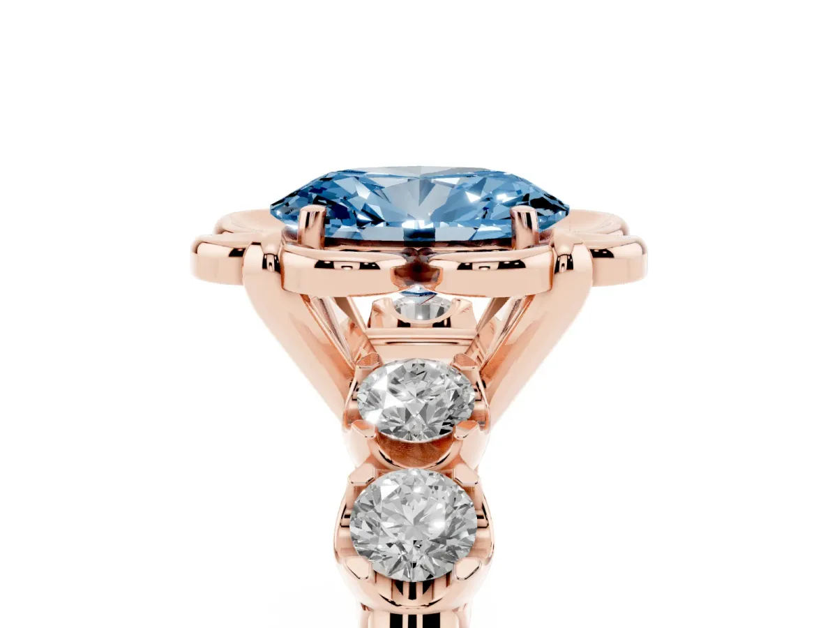 Fancy Blue Oval Cut Cut Diamond Floral Halo Engagement Ring with Shared Prong Setting Rose gold