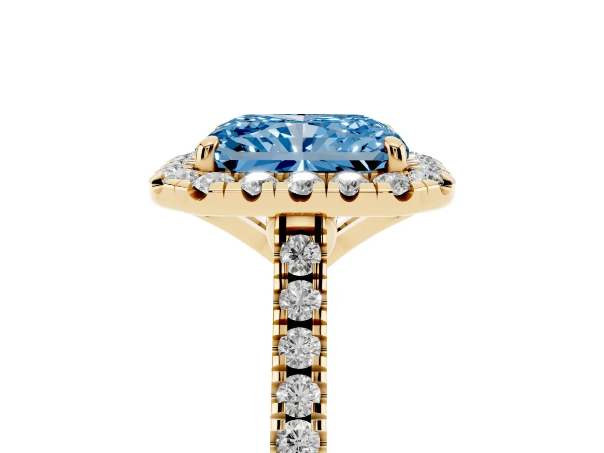 Fancy Blue Radiant Cut Diamond Cushion Halo Ring with Pavé Band Yellow gold
