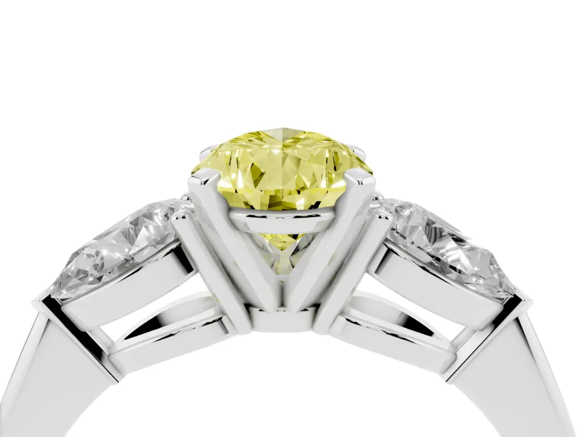 Fancy Yellow Three-Stone Pear Cut Diamond Ring with Pear Side Stones and Four-Prong Setting Silver
