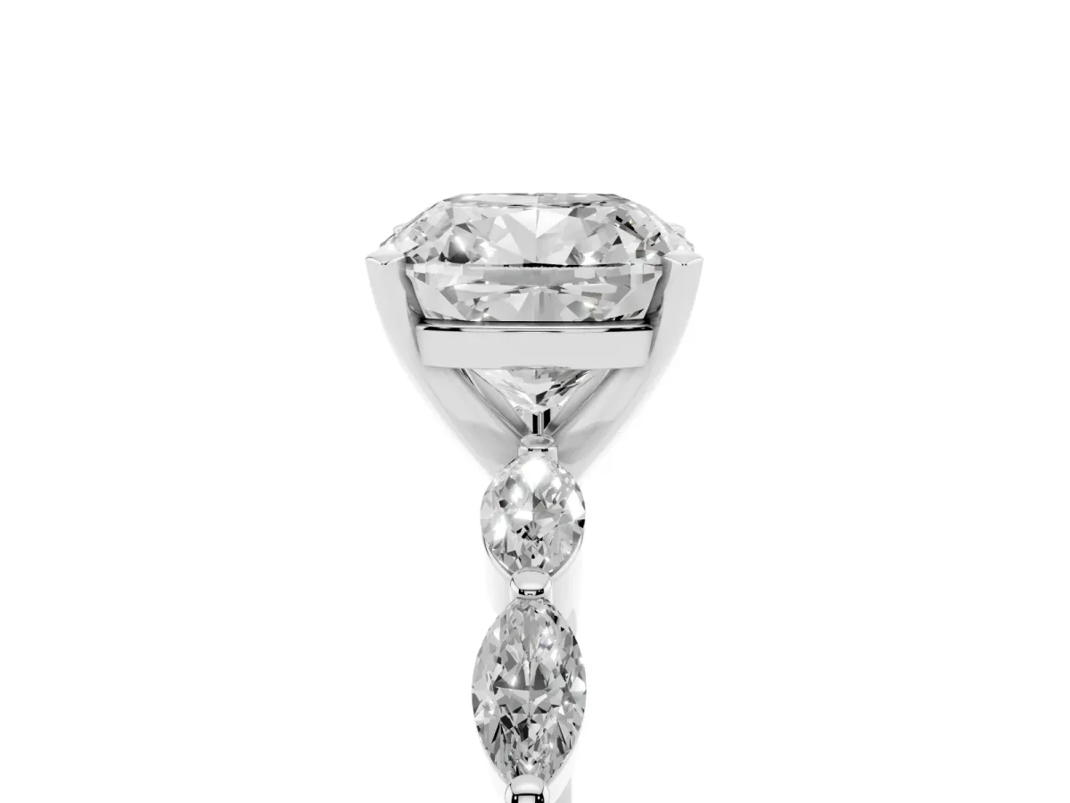 Cushion Cut Diamond Ring with Marquise Side Stones and Prong Setting Silver