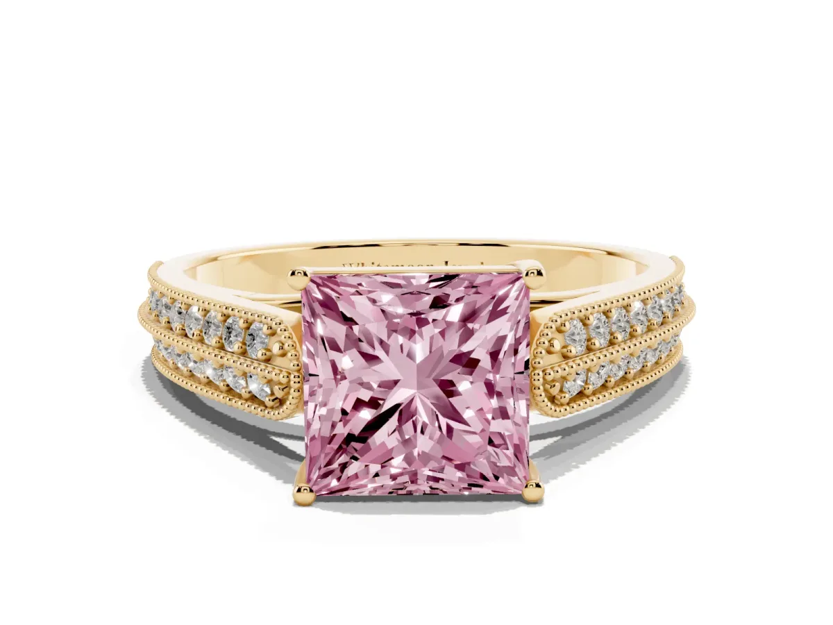 Fancy Pink Princess Cut Cut Pave Split Shank Engagement Ring with Four-Prong Setting Yellow gold