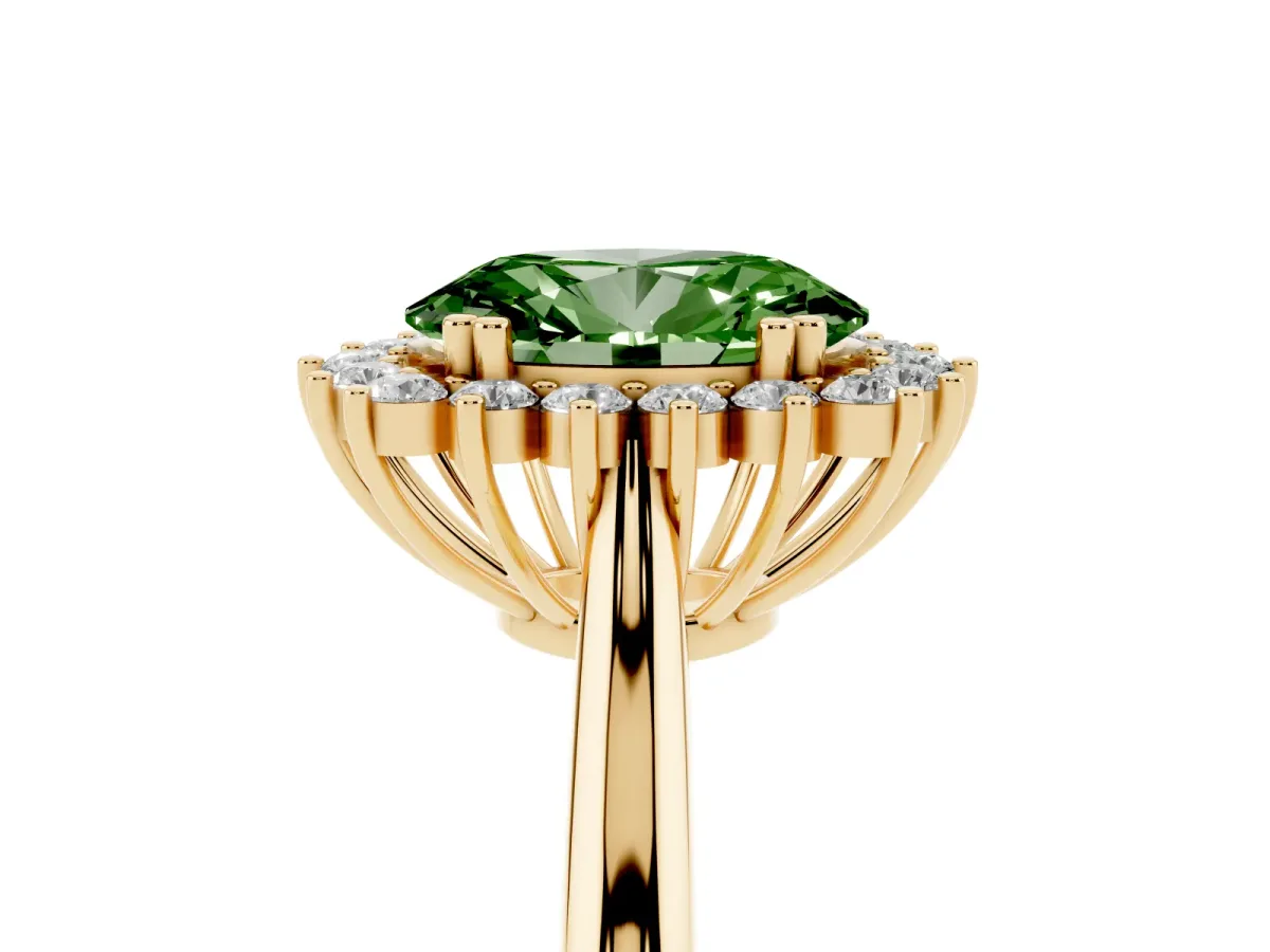 Fancy Green Oval Cut Cut Diamond Halo Ring with Solitaire Band and Prong Setting Yellow gold