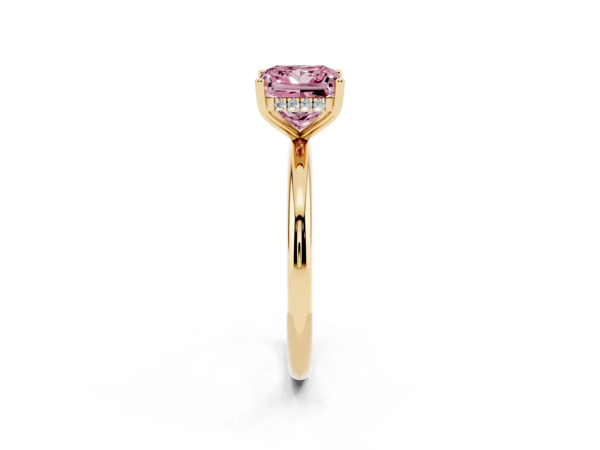 Fancy Pink Princess Cut Cut Solitaire Engagement Ring with Four-Prong Setting and Classic Band Yellow gold