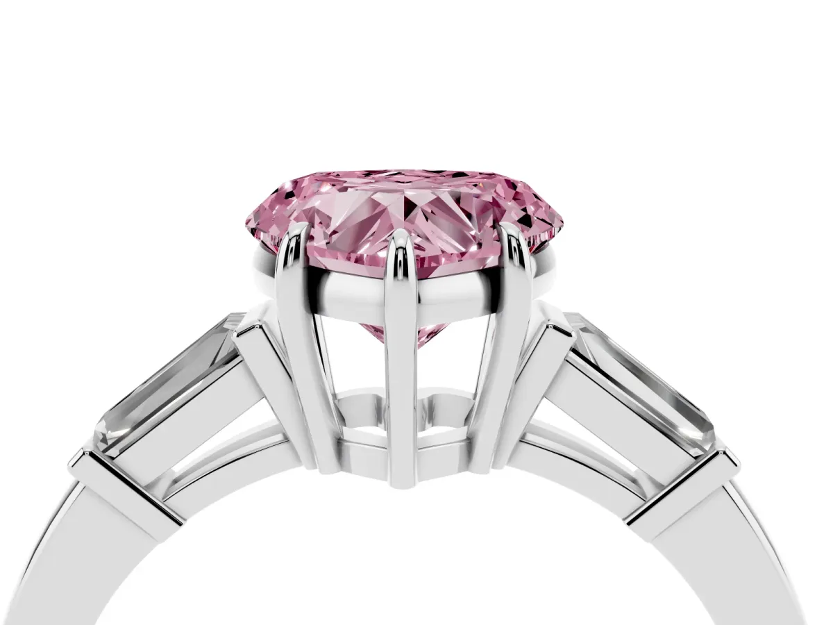 Fancy Pink Heart Cut Diamond Three-Stone Ring with Tapered Baguette Side Stones and Prong Setting Platinum