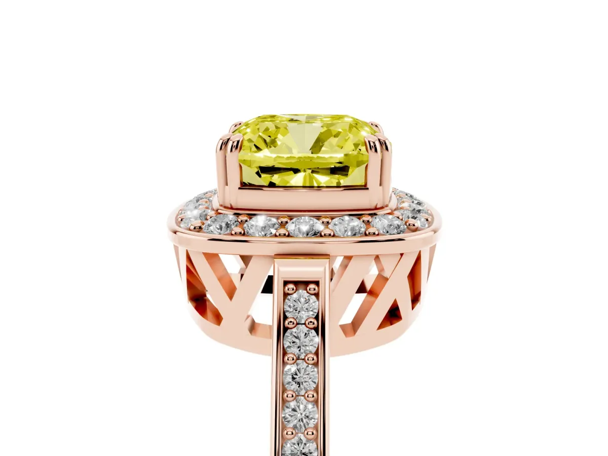Fancy Yellow Cushion Cut Diamond Halo Ring with Split Shank and Four-Prong Setting Rose gold