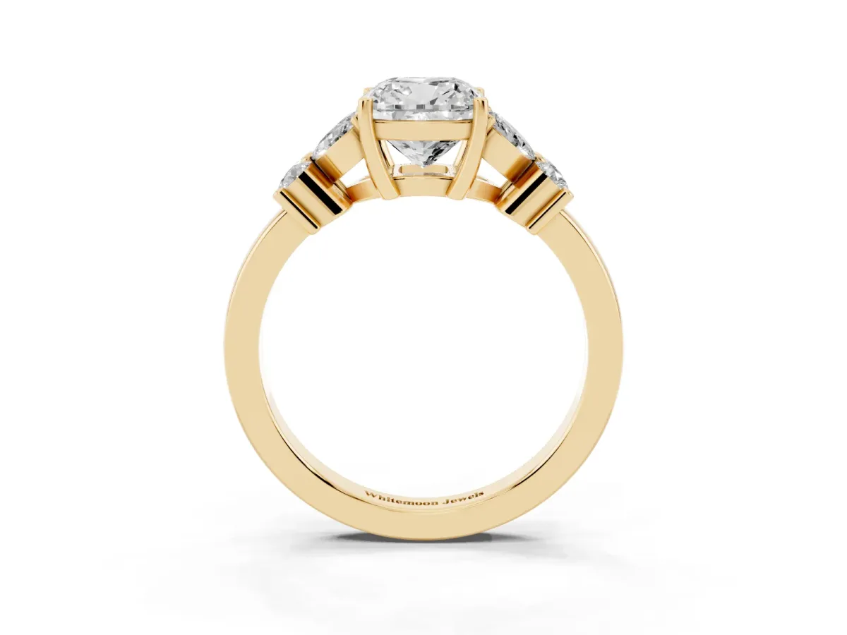 Cushion Cut Diamond Floral Cluster Ring with Solitaire Band and Prong Setting Yellow gold
