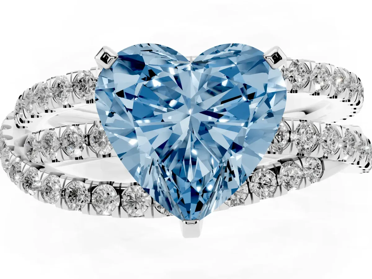 Fancy Blue Heart Cut Solitaire Twist Band with Pavé Setting and Four-Prong Setting Silver