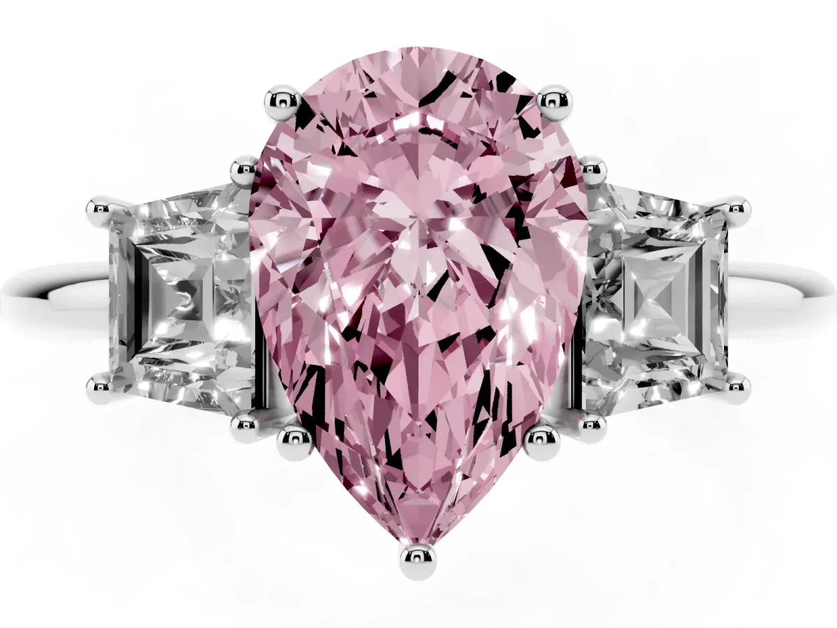 Fancy Pink Pear Cut Diamond Three-Stone Ring with Trapezoid Side Stones and Prong Setting Platinum