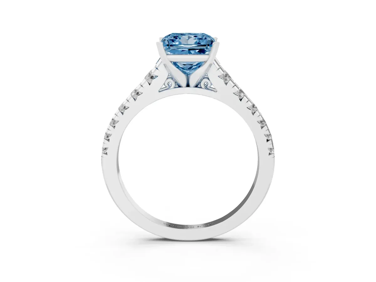 Fancy Blue Princess Cut Diamond Cathedral Solitaire Ring with Round Pavé Band Silver