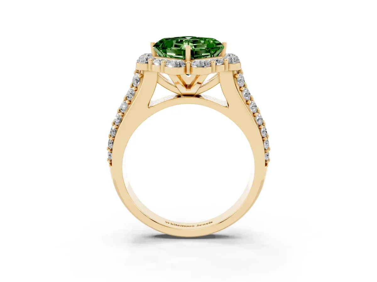 Fancy Green Asscher Cut Halo Diamond Engagement Ring with Split Shank and Prong Setting Yellow gold