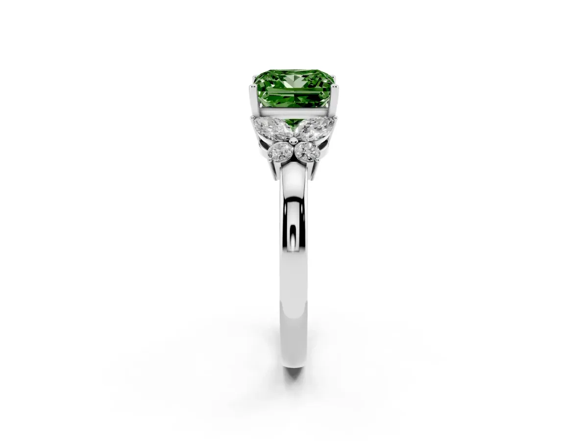 Fancy Green Princess Cut Cut Solitaire Floral Diamond Ring with Four-Prong Setting Silver