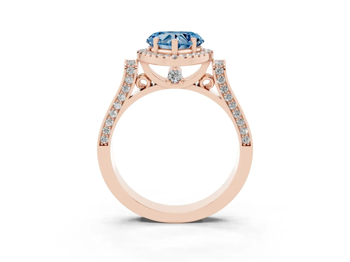 Fancy Blue Heart Cut Halo Round Diamond Twist Band with Four-Prong Setting Rose gold