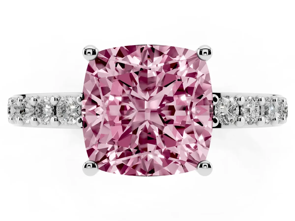 Fancy Pink Cushion Cut Cut Diamond Solitaire with Pave Band and Four-Prong Setting Silver