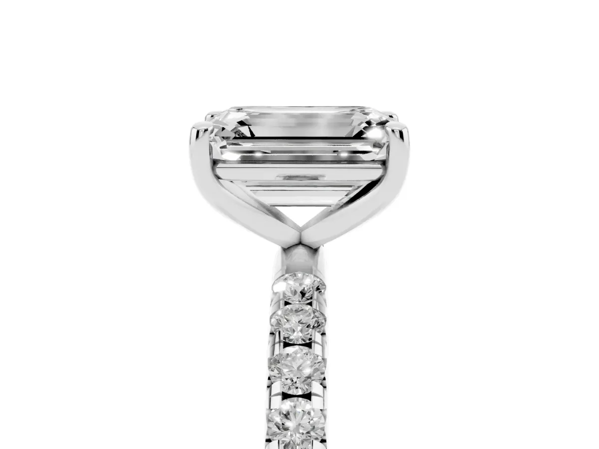 Emerald Cut Cut Diamond Solitaire Ring with Micro Pave Band and Four Prong Setting Silver