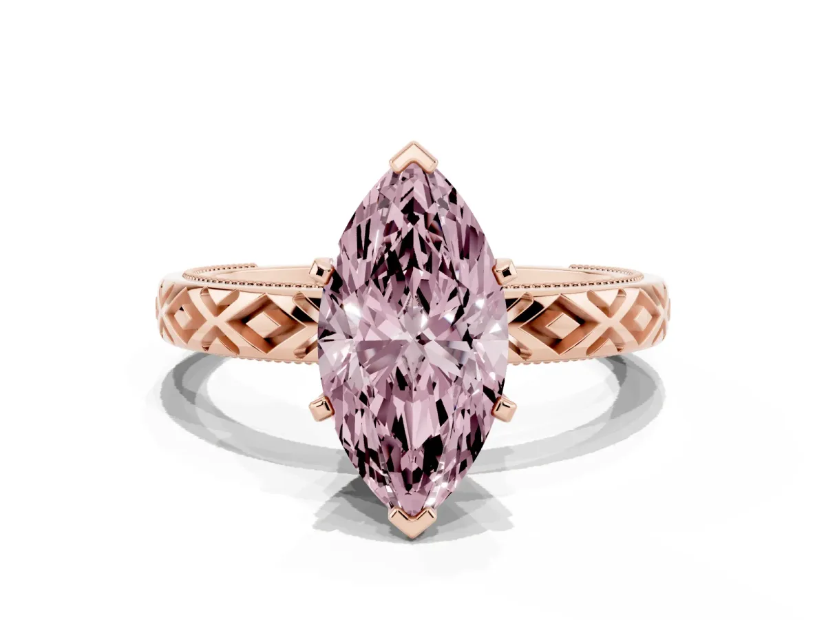 Fancy Pink Marquise Cut Solitaire Diamond Ring with Milgrain and Black Enamel X Pattern Band Rose gold