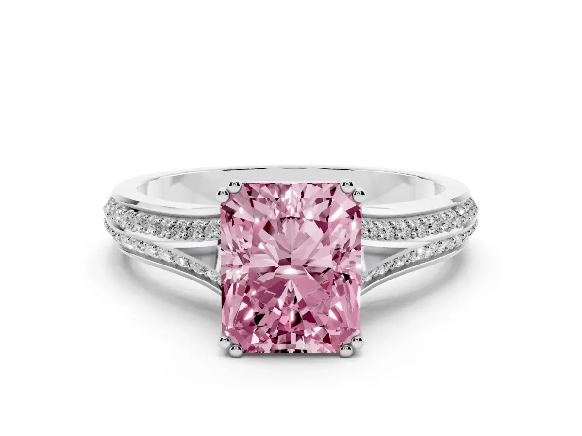 Fancy Pink Radiant Cut Diamond Split Shank Engagement Ring with Pavé Band Platinum