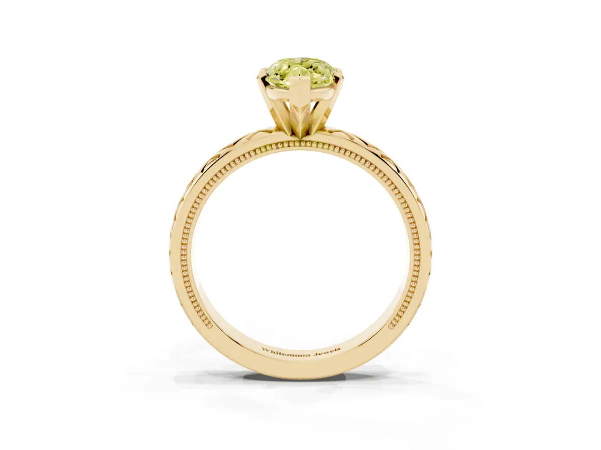 Fancy Yellow Marquise Cut Solitaire Diamond Ring with Milgrain and Black Enamel X Pattern Band Yellow gold